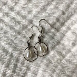 Classic Pearl Teardrop Hoop Earrings - Silver Tone